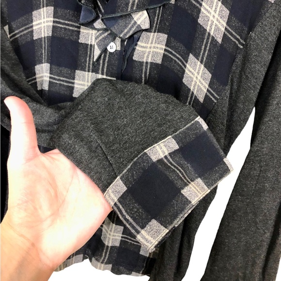 MaxMara Weekend Ruffle Plaid Silk and Knit Button Down Shirt Gray and Navy - Picture 6 of 8